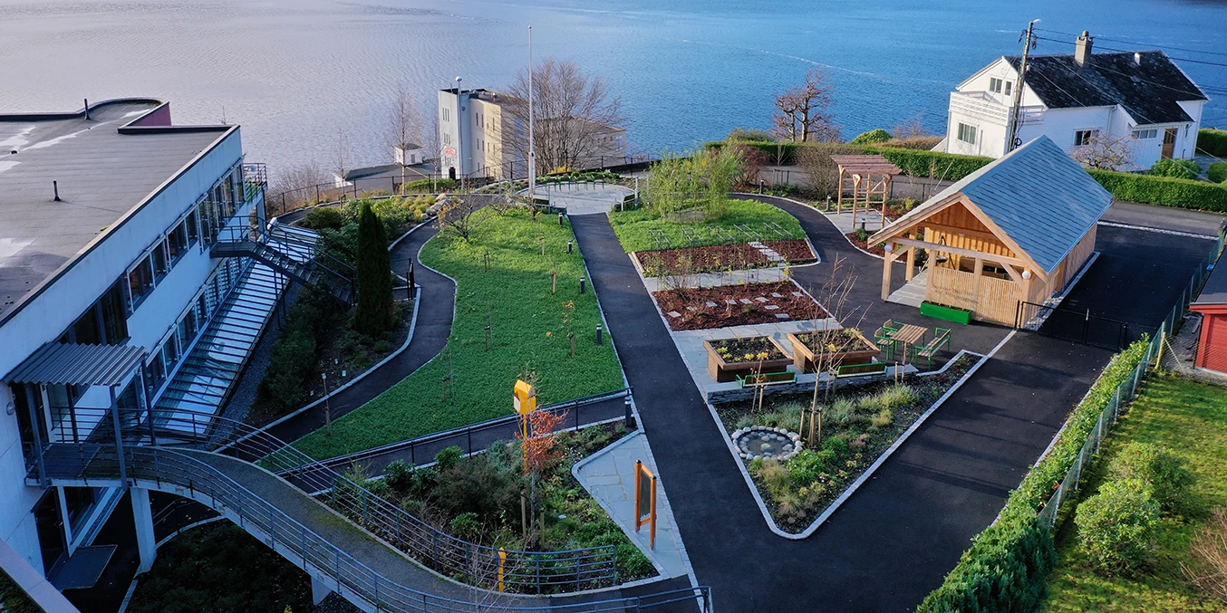 Oversiktsbilde fra drone av maritvoll hage.